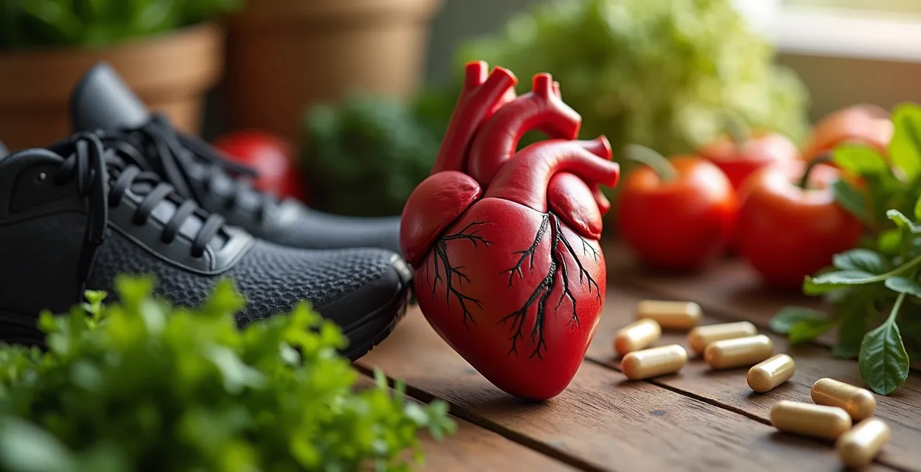 Conceptual illustration of heart health balanced with lifestyle elements like exercise, diet, and supplement capsules