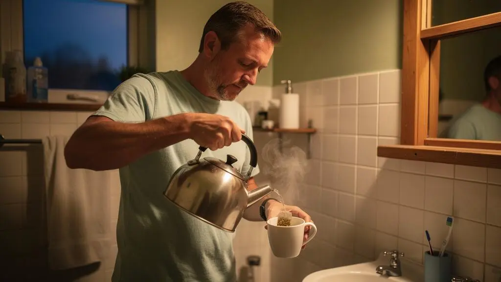 A man pours hot water into a mug of chamomile tea in his kitchen in the evening.