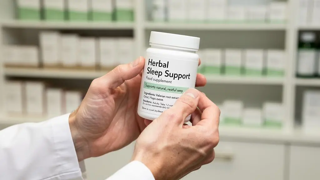 A pharmacist reads the label of a herbal sleep supplement container in a pharmacy.