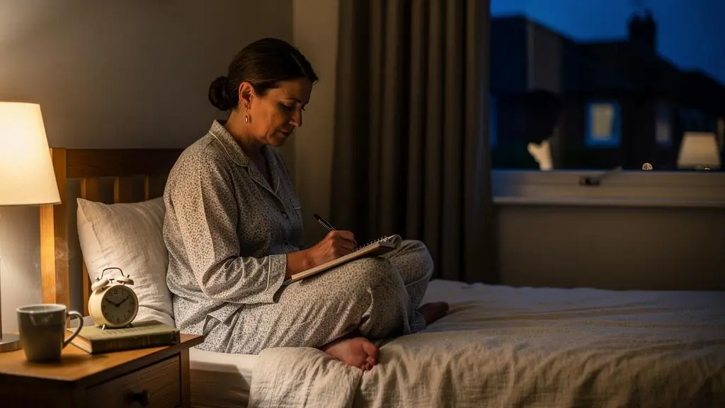 A woman in pyjamas writes in a paper sleep diary on the edge of her bed in a dimly lit bedroom at night.